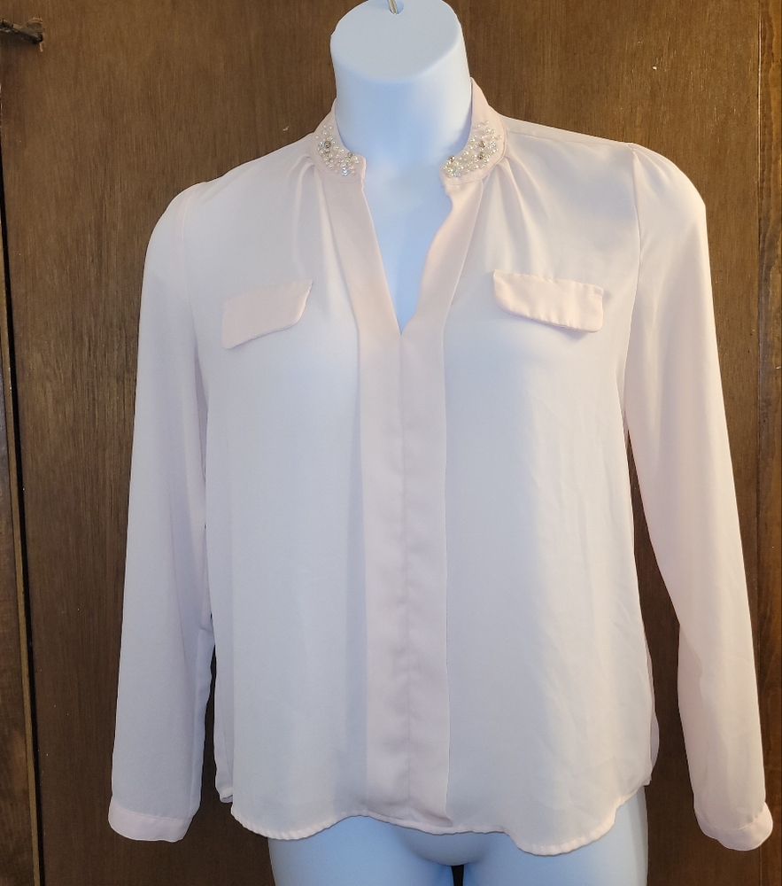 Candies Size L Sheer Light Peach Faux Rhinestones Pearl's Longsleeve Lightweight